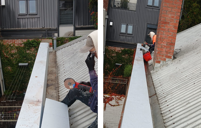 metal roof flashing repair along the base of a wall